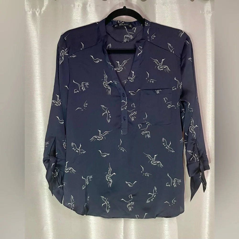 Zara Navy Bird Print Blouse - Picture 3 of 6